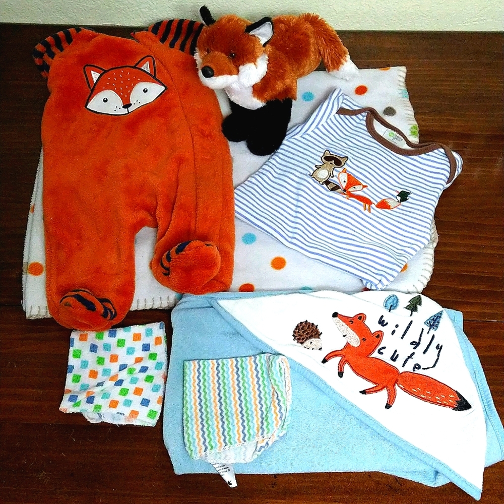 7 Items Little Me & More Fox Baby Themed, Blanket and Towel, Clothing Set